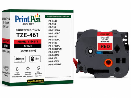 Printpen Brother P-touch TZE-461 Kirmizi Etikete Siyah (36mm x 8m) PT-3600 PT-530