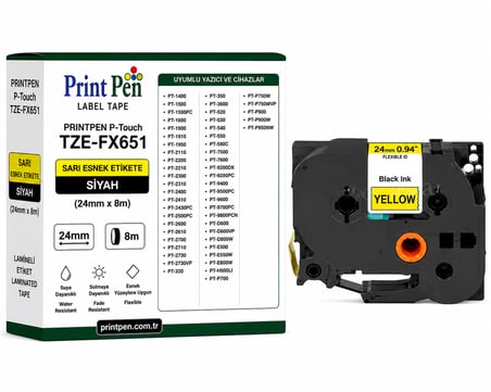 Printpen Brother P-touch TZE-FX651 Sari Esnek Etikete Siyah (24mm x 8m) PT-1400 PT-1500