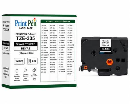 Printpen Brother P-touch TZE-335 Siyah Etikete Beyaz (12mm x 8m) GL-100 PT-1000