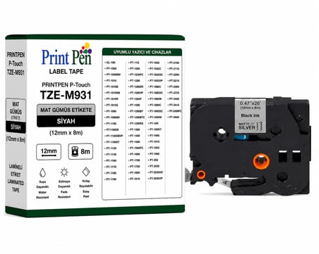 Printpen Brother P-touch TZE-M931 Mat Gümüs Etikete Siyah (12mm x 8m) GL-100 PT-1000