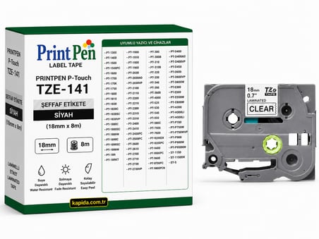 Printpen Brother P-touch TZE-141 Şeffaf Etikete Siyah (18mm x 8m) PT-1300 PT-1400