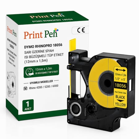 Printpen Dymo Rhinopro 18056 Sari Üzerine Siyah Isi Büzüsmeli Tüp Etiket (12mm x 1,5m) Rhino 4200 5200