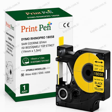 Printpen Dymo Rhinopro 18058 Sari Üzerine Siyah Isi Büzüsmeli Tüp Etiket (19mm x 1,5m) Rhino 4200 5200