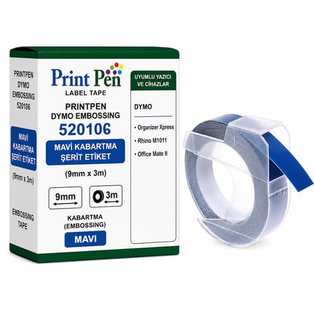 Printpen Dymo Embossing 520106 Mavi Kabartma Serit Etiket (S0898140) (9mm x 3m) Organizer Xpress Rhino M1011