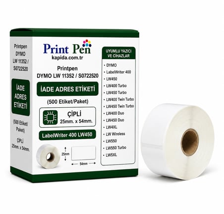 Printpen Dymo LW 11352 / S0722520 İade Adres Etıketı (500 Etiket/Paket) Çıplı 25mm. 54mm. LabelWriter 400 LW450