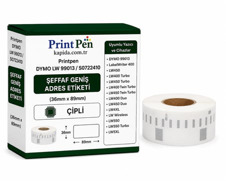 Printpen Dymo Lw 99013 / S0722410 Seffaf Genis Adres Etiketi Cipli 36Mm 89Mm Labelwriter 400 Lw450 Etiket