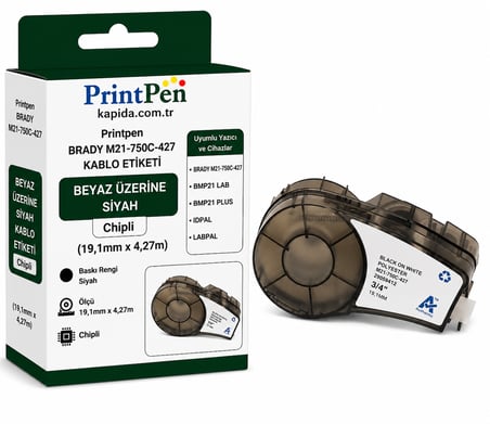 Printpen Brady M21-750C-427 Kablo Etiketi Beyaz Üzeri Siyah Chipli (19,1mm x 4,27m) BMP21 Lab BMP21 Plus