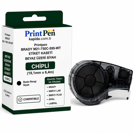 Printpen Brady M21-750C-595-WT Etiket Kaseti Beyaz Üzeri Siyah Chipli (19,1mm x 6,4m) BMP21 Lab BMP21 Plus