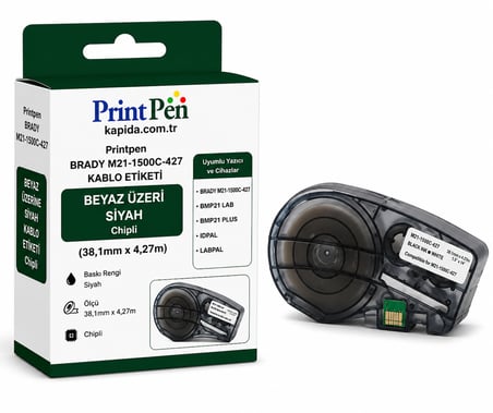 Printpen Brady M21-1500C-427 Kablo Etiketi Beyaz Üzeri Siyah Chipli (38,1mm x 4,27m) BMP21 Lab BMP21 Plus