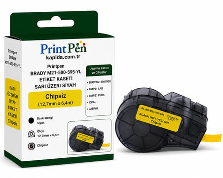 Printpen Brady M21-500-595-Yl Etiket Kaseti Sari Üzeri Siyah Chipsiz (12,7Mm X 6,4M) Bmp21 Lab Bmp21 Plus