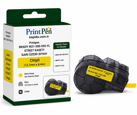 Printpen Brady M21-500-595-YL Etiket Kaseti Sari Üzeri Siyah Chipli (12,7mm x 6,4m) BMP21 Lab BMP21 Plus