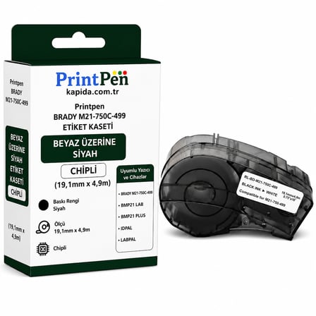 Printpen Brady M21-750C-499 Etiket Kaseti Beyaz Üzeri Siyah Chipli (19,1mm x 4,9m) BMP21 Lab BMP21 Plus