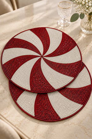 Boncuklu Amerikan Servis 2'li Set Yuvarlak Supla 36x36 cm