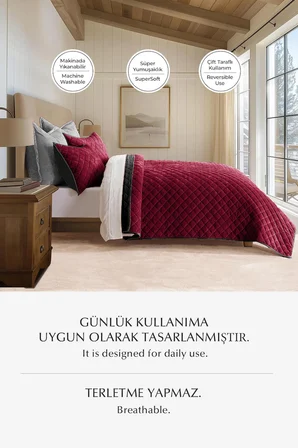 Kapitone Kadife Yatak Örtüsü Seti Tek Kişilik Supersoft 2 Parça Yumuşak Elyaf Dolgulu Çeyizlik Kırmızı