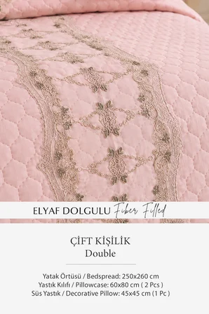 Dantelli Çift Kişilik Yatak Örtüsü Kapitone Pike Takımı Elyaf Dolgulu 4 Parça