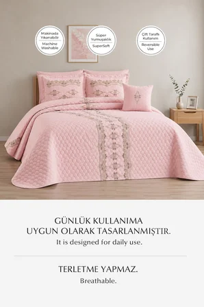 Dantelli Çift Kişilik Yatak Örtüsü Kapitone Pike Takımı Elyaf Dolgulu 4 Parça