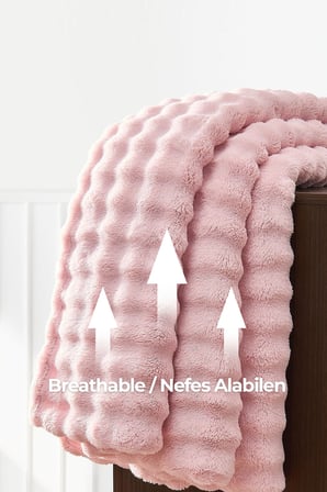 Kürk Bubble Battaniye Çift Kişilik Peluş Tavşan Tüyü Yumuşak 220x240 cm Pudra