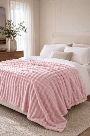 Kürk Bubble Battaniye Çift Kişilik Peluş Tavşan Tüyü Yumuşak 220x240 cm Pudra