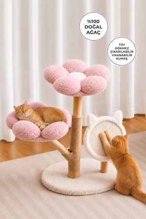 Ahşap Kedi Tırmalama Tahtası Oyun Evi ve Direği Kürk Peluş Yıkanabilir Yumuşak Papatya Flora Pudra