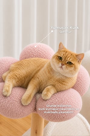 Ahşap Kedi Tırmalama Tahtası Oyun Evi ve Direği Kürk Peluş Yıkanabilir Yumuşak Papatya Flora Pudra