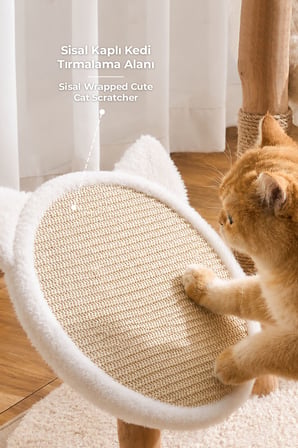 Ahşap Kedi Tırmalama Tahtası Oyun Evi ve Direği Kürk Peluş Yıkanabilir Yumuşak Papatya Flora Pudra