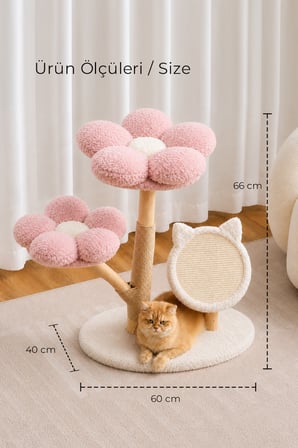 Ahşap Kedi Tırmalama Tahtası Oyun Evi ve Direği Kürk Peluş Yıkanabilir Yumuşak Papatya Flora Pudra
