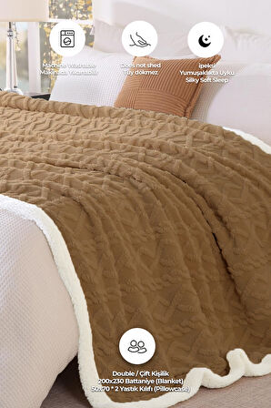 Pufly Jakar Sherpa Battaniye Seti Çift Kişilik 3 Parça Yumuşak Peluş Wellsoft Yatak Örtüsü