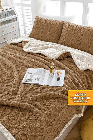 Pufly Jakar Sherpa Battaniye Seti Çift Kişilik 3 Parça Yumuşak Peluş Wellsoft Yatak Örtüsü
