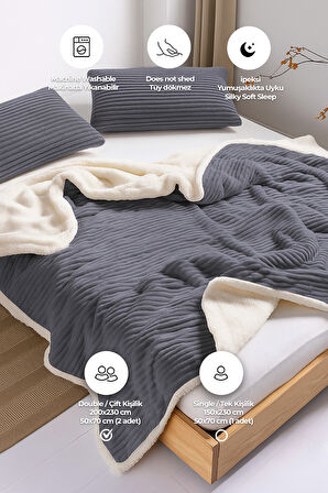 Sherpa Battaniye Seti Çift Kişilik 3 Parça Çizgili Yumuşak Peluş Wellsoft Yatak Örtüsü