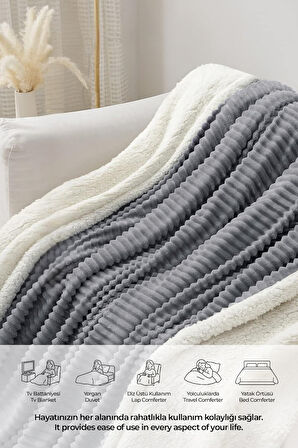 Sherpa Battaniye Seti Çift Kişilik 3 Parça Çizgili Yumuşak Peluş Wellsoft Yatak Örtüsü