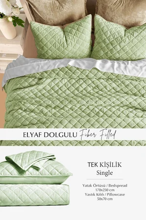 Kapitone Kadife Yatak Örtüsü Seti Tek Kişilik Supersoft 2 Parça Yumuşak Elyaf Dolgulu Çeyizlik Yeşil