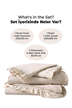 Pamuklu Taş Yıkama Fırfırlı Nevresim Takımı Çift Kişilik 4 Parça Barella Yumuşak Cappuccino