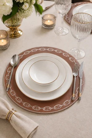 Nakışlı Deri Amerikan Servis Yuvarlak 2'li Set Çift Taraflı Supla 38x38 cm Raya Kahve Gold