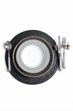 Nakışlı Deri Amerikan Servis Yuvarlak 2'li Set Çift Taraflı Supla 38x38 cm Raya Siyah
