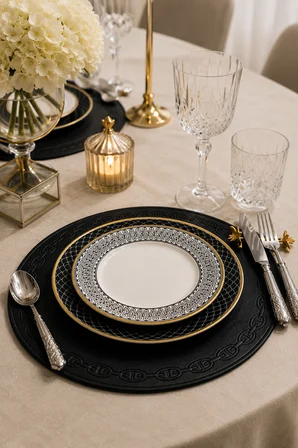 Nakışlı Deri Amerikan Servis Yuvarlak 2'li Set Çift Taraflı Supla 38x38 cm Raya Siyah