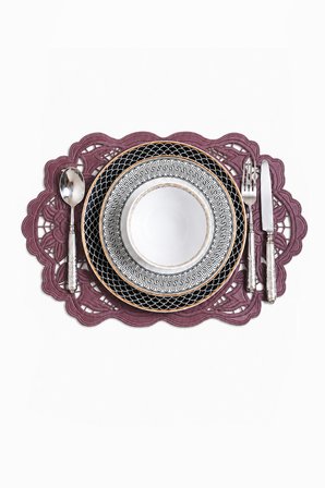 Nakışlı Deri Amerikan Servis 2'li Set Çift Taraflı Dikdörtgen Supla 50x33 cm Dora Bordo