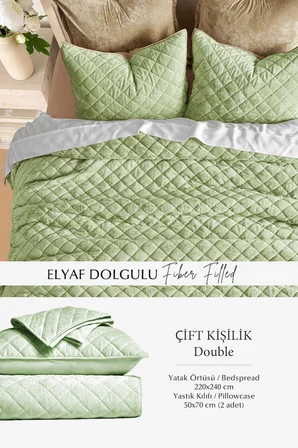 Kapitone Kadife Yatak Örtüsü Seti Çift Kişilik Supersoft 3 Parça Yumuşak Elyaf Dolgulu Çeyizlik Yeşil