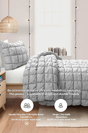 Evlen Home Collection Puff Yatak Örtüsü Seti Çift Kişilik El İşi Günlük Sade Pamuklu Dolgulu Yorgan Uyku Takımı 3 Parça