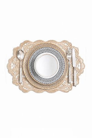 Nakışlı Deri Amerikan Servis 2'li Set Çift Taraflı Dikdörtgen Supla 50x33 cm Dora Bej