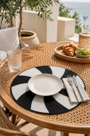 Boncuk İşlemeli Amerikan Servis 2'li Set Yuvarlak Supla 36x36 cm Siyah Beyaz