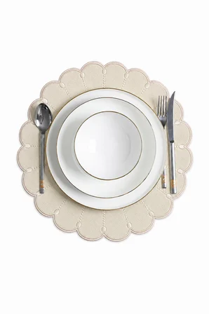Nakışlı Deri Amerikan Servis 2'li Set Çift Taraflı Yuvarlak Supla 40x40 cm Almada Bej