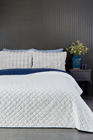 Premium Peluş Tek Kişilik Çok Amaçlı Yatak Örtüsü 160x220 Çift Taraflı Yumuşak Battaniye Pike Beyaz Lacivert