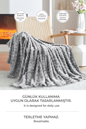Kürk Bubble Battaniye Çift Kişilik Peluş Tavşan Tüyü Yumuşak 220x240 cm Gri