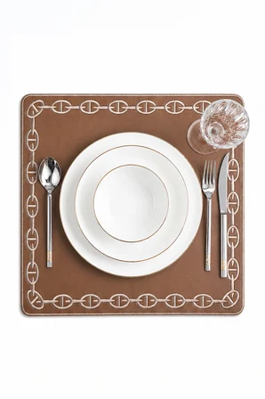 Nakışlı Deri Amerikan Servis Kare 2'li Set Çift Taraflı Supla 40x40 cm Raya Kahve Gold