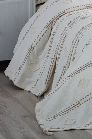 Katre Pamuklu Tek Kişilik Yatak Örtüsü 2 Parça Pike Takımı Krem