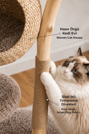 Ahşap Hasır Kedi Tırmalama Tahtası Oyun Evi ve Direği Kürk Peluş Yıkanabilir Yumuşak Coco Bej