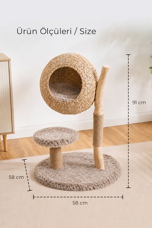 Ahşap Hasır Kedi Tırmalama Tahtası Oyun Evi ve Direği Kürk Peluş Yıkanabilir Yumuşak Coco Bej