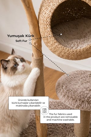 Ahşap Hasır Kedi Tırmalama Tahtası Oyun Evi ve Direği Kürk Peluş Yıkanabilir Yumuşak Coco Bej