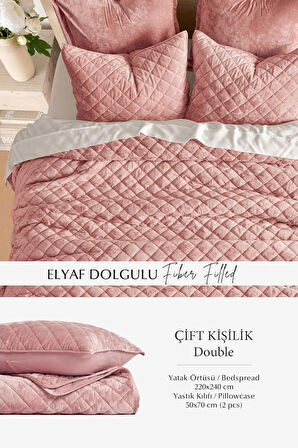 Kapitone Kadife Yatak Örtüsü Seti Çift Kişilik Supersoft 3 Parça Yumuşak Elyaf Dolgulu Çeyizlik Pudra