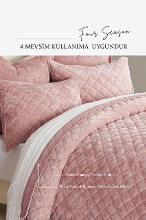 Kapitone Kadife Yatak Örtüsü Seti Çift Kişilik Supersoft 3 Parça Yumuşak Elyaf Dolgulu Çeyizlik Pudra